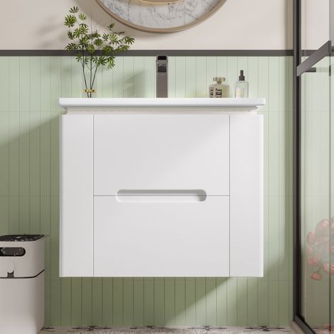Meuble de salle de bain suspendus 61x46x48.5 cm - éclairage LED - 2 tiroirs - vasque intégrée - blanc(robinet non inclus)