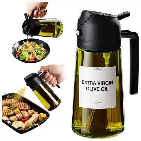 2-in-1-Ölsprüher zum Kochen, 470-ml-Glasölflasche/Olivenöl-Sprühflasche für Salate, Grills und Heißluftfritteusen (Schwarz) (1/5)