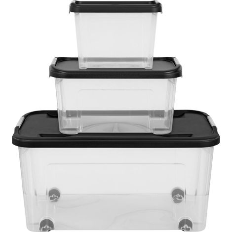 Tontarelli Aufbewahrungsboxen mit Deckel transparent/schwarz 3er-Set, 3 Größen