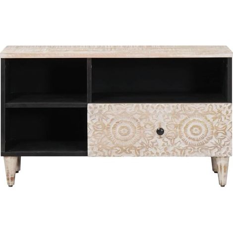 Meuble TV en Bois de Manguier Massif Blanc, 80 x 33,5 x 46 cm, Console Télévision Design Moderne pour Salon (1/5)