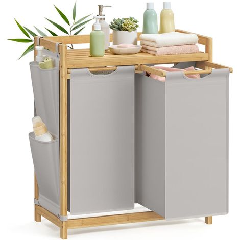 Cesto portabiancheria con 3 scomparti cesto portabiancheria sporca in bambù capacità 150 litri con ripiano tasche laterali 3 x 50L 94 x 33 x 78 cm grigio 120006670
