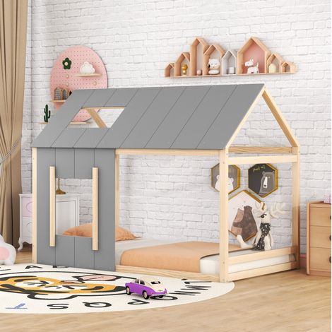 DESVIAE Lit enfant cabane 90 x 200 en pin et MDF avec toit et fenêtre naturel (1/5)