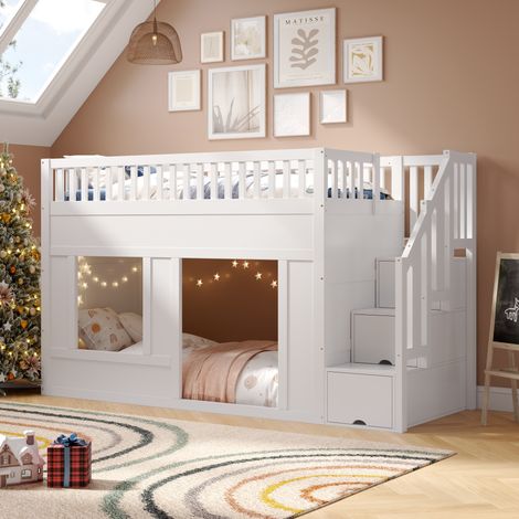 Cama alta infantil 90 x 200 cm con escalera con almacenaje blanca OKWISH (1/5)