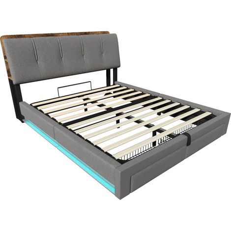 Letto contenitore 140x200 cm con porta USB Type-C, LED, sollevamento idraulico, grigio MODENUIT (1/5)