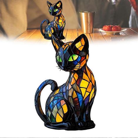 Lampe de chevet chat, veilleuse de table en résine teintée, lampe chat en résine et verre teinté (1/4)