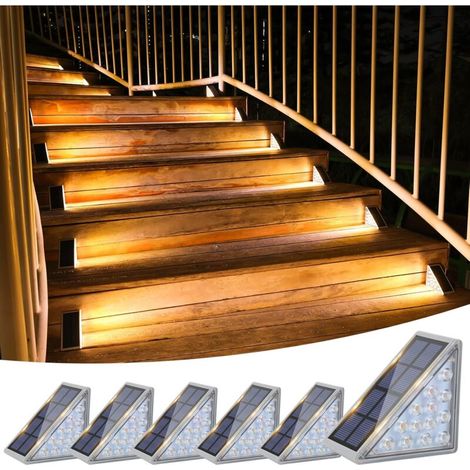 Juego de 6 luces solares para escaleras, luces solares exteriores impermeables IP67, luces LED para escaleras de jardín, escaleras, escalones de entrada, porches y patios (blanco cálido).