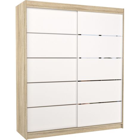 Armoire de chambre à coucher bois clair 2 portes coulissantes blanches et alu Pimka 180cm (1/5)