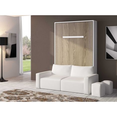 Lit escamotable 80x190 cm avec canapé coffre tissu Espacia - Haut de gamme - Matelas Sans matelas - Canapé Blanc - Façade Gris béton (1/5)