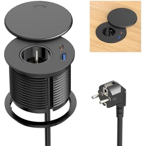Prise encastrée avec USB-C PD 20 W, multiprise rétractable avec couvercle, ports USB A et C, câble de 2 m, prise de bureau noire (SKU produit : 97444362 SKU Offre : mwj25.9.17-17) (1/4)