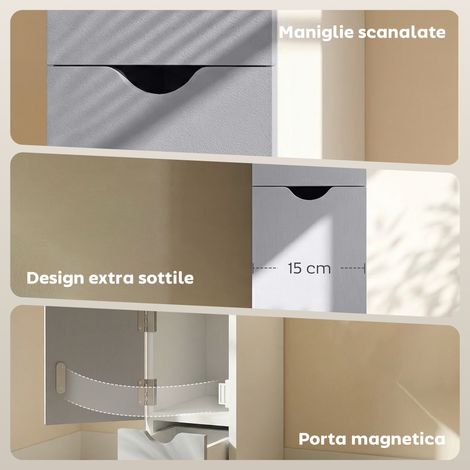 Colonne de rangement gris clair en bois pour salle de bain, 15x33x136.8 cm, meuble compact avec étagères, tiroir et armoire intégrée (1/5)