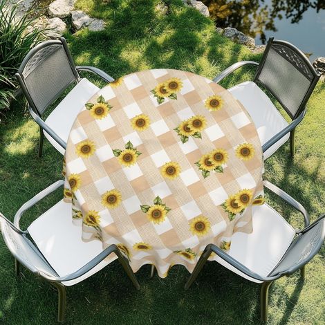 Runde Tischdecke 152 cm, wasserdicht, abwaschbar, karierte Sonnenblume, für Innen & Außen