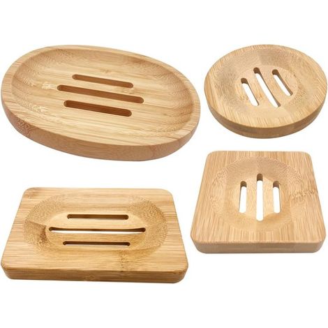 Juego de 4 jaboneras de madera para el baño, Jabonera de madera, Bambú natural, Jabonera, Baño, Cuadrada, Redonda, Ovalada, Rectangular (1/5)