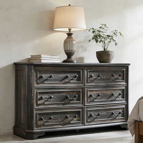 Commode bois Style Farmhouse 54" Large avec 6 Tiroirs, Commode Rustique à Texture Naturelle & Design Vintage, Organisateur de Rangement pour Chambre & Salon - Panneau de Particules Chêne Rustique Fonc