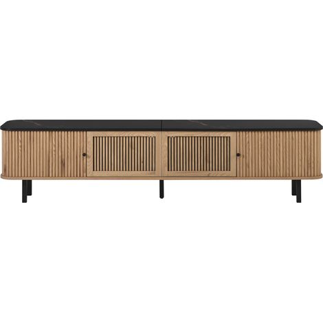 Meuble TV moderne en MDF et PB, 190 x 35 x 45 cm, finition chêne, avec portes coulissantes et grille (1/5)