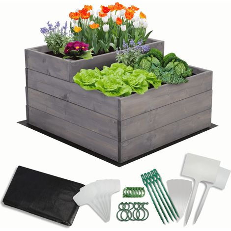 MODO24 Carré potager surélevé en bois, 2 niveaux en cascade, 36x60x63 cm, jardin/terrasse, kit jardinier inclus, gris imprégné