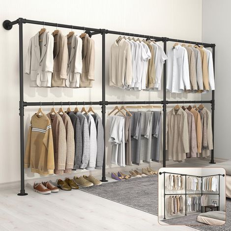 Porte-manteau industriel tubulaire en métal réglable en hauteur pour suspendre des vêtements - Barre de suspension lourde à fixation murale pour penderie, chambre à coucher - 6 grilles (1/5)