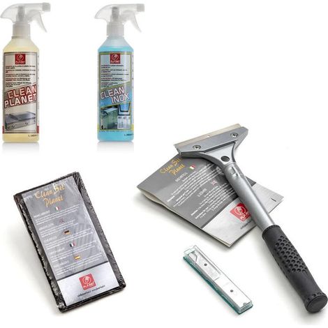 Pla.net 0214006 Clean Pack Maxi Kit Pulizia Piastra da Cucina Degrassante Clean Inox Raschietto Lame Panni