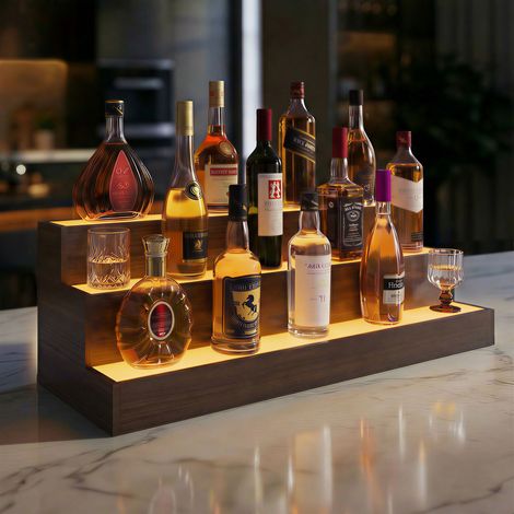 Étagère à bouteilles lumineuse LED de 95 cm pour bar, à monter soi-même, avec application et télécommande. Support à bouteilles autoportant à 3 niveaux, idéal pour un bar à domicile ou une fête. Finit (1/5)