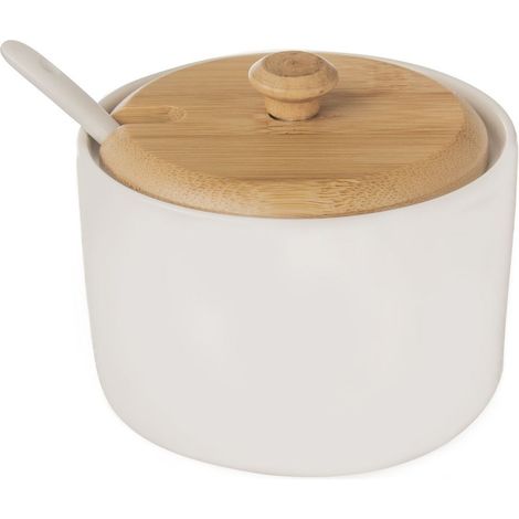 Azucarero de porcelana, azucarero de bambú, cuchara. (1/2)