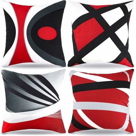 Housse de Coussin 45x45 Géométrique Moderne Coussin Rouge Noir Gris Coussin Canapé Decoratif Irrégulier Rayures Velours Taie d'oreiller 4 Pièces Double Face Coussin Deco pour Maison Salon Chambr