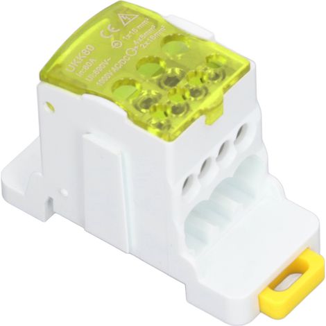 Borne de raccordement 690V 80A, boîte de jonction rail DIN, conducteur en laiton, bornier de distribution pour appareils électroménagers, couleur jaune, connexion enfichable. (1/5)