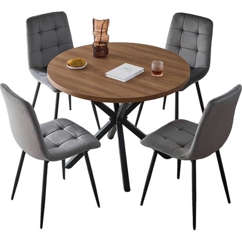 Ensemble de salle à manger, chaises rembourrées, table ronde, Gris-set (1/2)