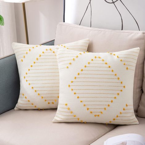 Set of 2 Cushion Covers 45 x 45 cm, Bohemian Decorative Pillows, Modern Woven Square Pillowcase for Sofa, Bedroom, Living Room, Yellow and White (1/5)