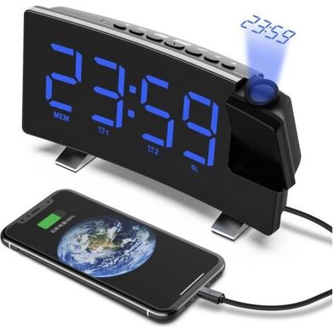 Radio Réveil à Projection, Réveil Projection Plafond 180°, Horloge Numérique FM USB avec Double Alarmes, Minuteur de Mise en Veille, 12/24h, (Bleu) (1/5)