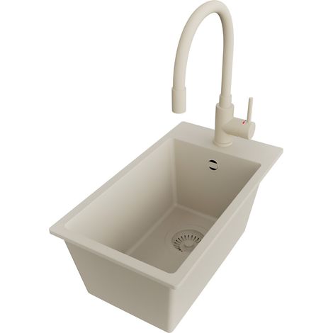 PRIMAGRAN Evier Cuisine en Granit 28x50cm,Lavabo 1 bac + Robinet 38x14cm + Kit de Vidage, Évier à Encastrer au meuble 30cm - Riga, Beige (1/5)