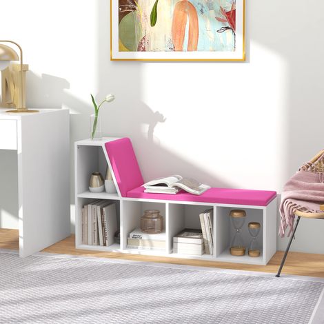 Meuble bibliothèque 2 en 1, étagère de rangement avec 5 casiers et 2 coussins, dimensions 108x30x60 cm, finition blanc et rose (1/5)