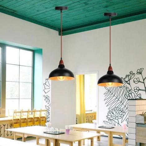 kawoo Lot de 2 Lustre Luminaire Industriel Noir Lampe Suspension Vintage en Métal Bois de noyer pour Salon Chambre (1/4)