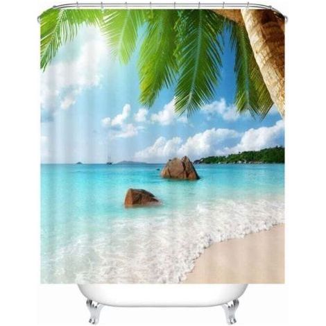 Rideau de douche motif plage tissu imperméable anti-moisissure avec 12 anneaux de rideau de douche rideau de bain lavable 180x180cm (1/4)