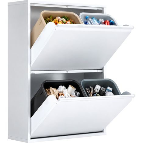 Poubelle de tri sélectif - HOMCOM - 60 L (4 x 15 L) - 4 compartiments, fermeture amortie, seaux amovibles - 62x22,5x84cm - blanc (1/5)