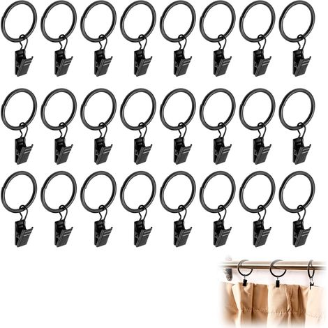 Lot de 24 Anneaux Rideaux avec Pinces Noires – Anneaux métalliques avec Clips pour tringles à Rideaux, fenêtres, Portes et Rideaux de Douche diamètre 32 mm (1/5)