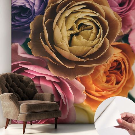 Papier peint autocollant Mural avec colle pour salon et chambre Décoration murale rapide Roses colorées 250x250 cm (1/5)