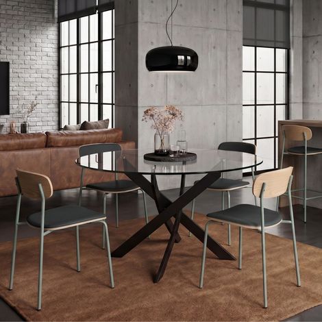 Table ronde design + 4 chaises bois-PU gris bleuté et métal noir - DESIAL (1/5)