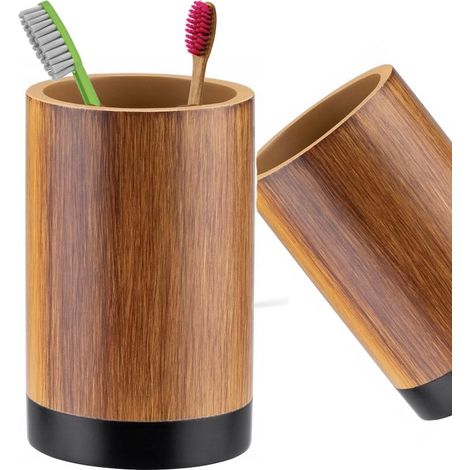 Vaso para cepillo de dientes marrón de 11 cm, de madera. (1/3)