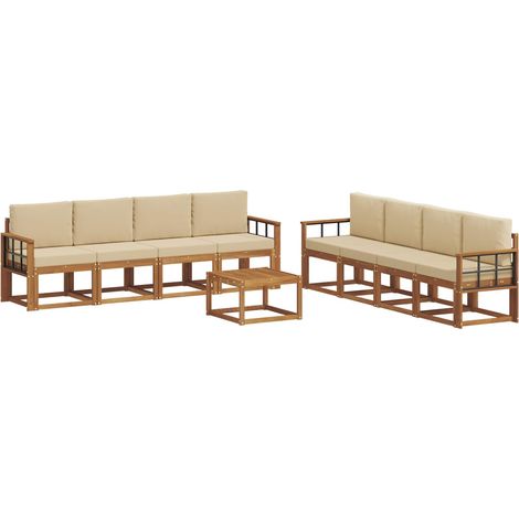 Conjunto de sofás de exterior con cojín 9 pcs Natural y Beige vidaXL