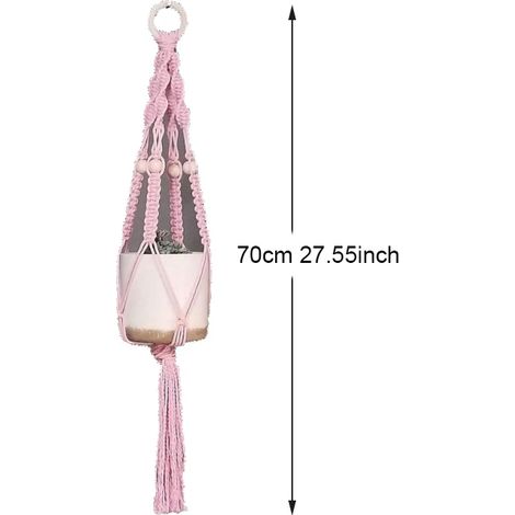 (Rose 70 cm) Porte-plantes bohème coloré en macramé, tissé à la main en 100 % coton, panier suspendu pour plantes d'intérieur, bonsaï, décoration intérieure (1/4)