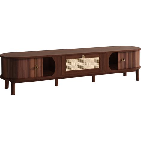 Meuble TV en bois massif avec portes et tiroirs en rotin naturel 170x39,5x38 cm (1/5)