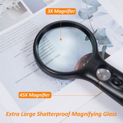 Loupe avec 3 LED, grossissement 3x et 45x, loupe de poche et double loupe pour la lecture de pièces de monnaie, idéale pour les seniors, les enfants et les bijoutiers. (1/3)