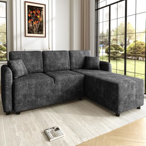 Sofá esquinero de 3 plazas con chaise longue de 144 cm, chenilla, negro HAVRYA (1/5)