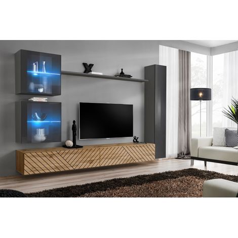 Ensemble de 6 meubles muraux "Switch XVIII" pour TV en bois - Beige et Gris - L 280 x H 180 x P 40 cm - Livraison gratuite