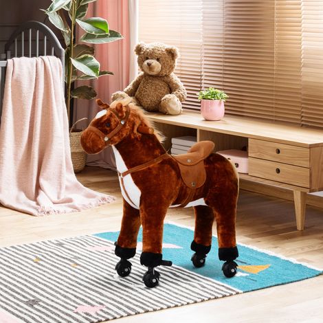 Cheval à bascule pour enfants de 2+ ans avec 4 roues et sons cm - cheval à bascule pour enfants rembourré avec repose-pieds - marron