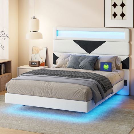 Cama doble 160x200 - Flotante - Iluminación RGB - Carga USB-C - Terciopelo Blanco/Negro (1/5)