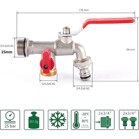 Robinet de jardin extérieur (1 entrée d'eau DN20), antigel, double commande, en cuivre, pour lave-linge et évier de jardin 1/2 (1/4)