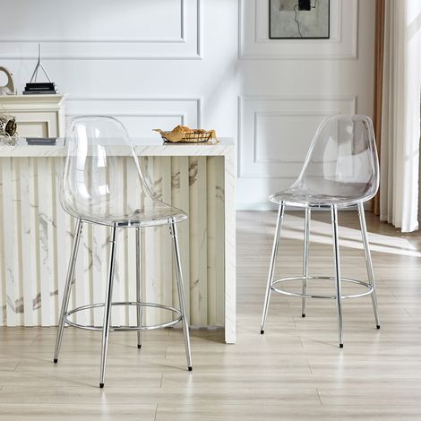 Lot de 2 Tabourets de Bar avec Dossier Ergonomique et Repose-pieds, Métal et Plastique, Argenté Transparent