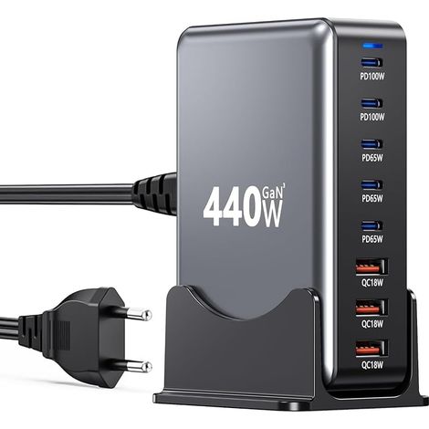 440W Chargeur USB C Rapide - Chargeur USB C Multiple GaN III Sécurisé 8 Ports, Bloc de Prise USB Multiple Portable pour Voyage avec PD 100W (PC Portable)/QC 18W, Compatible MacBook Pro/Air (1/5)