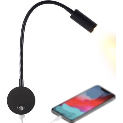 Lampe de lecture dimmable 12 V pour camping-car avec port USB, luminaire LED flexible d'intérieur 12 V-24 V CC pour camping-cars, fourgonnettes, bateaux, caravanes (noir) (1/5)