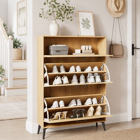 Meuble à chaussures en rotin 80×24×114cm,1 tiroir et 2 portes abattantes,meuble à chaussures d'entrée,étagères réglables, armoire à chaussures étroite,grande capacité,pieds en métal,MDF,Chêne clair (1/5)